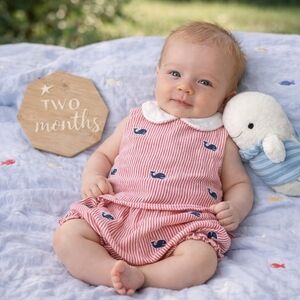 Anavini Hand Smocked 2-Piece Whale Seersucker Set 3M Red White